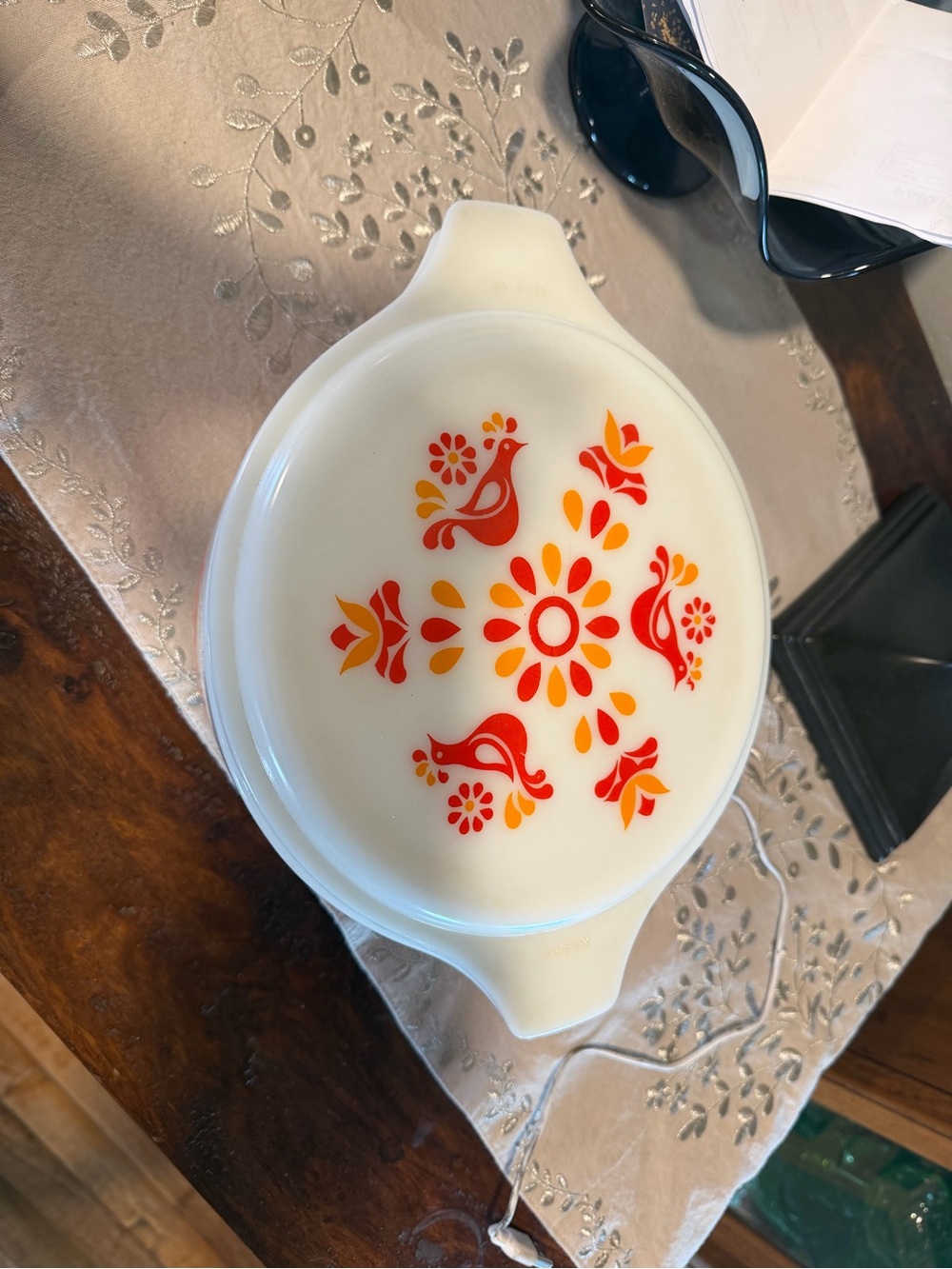 White Glass Covered Casserole with Orange & Red Floral Bird Design
